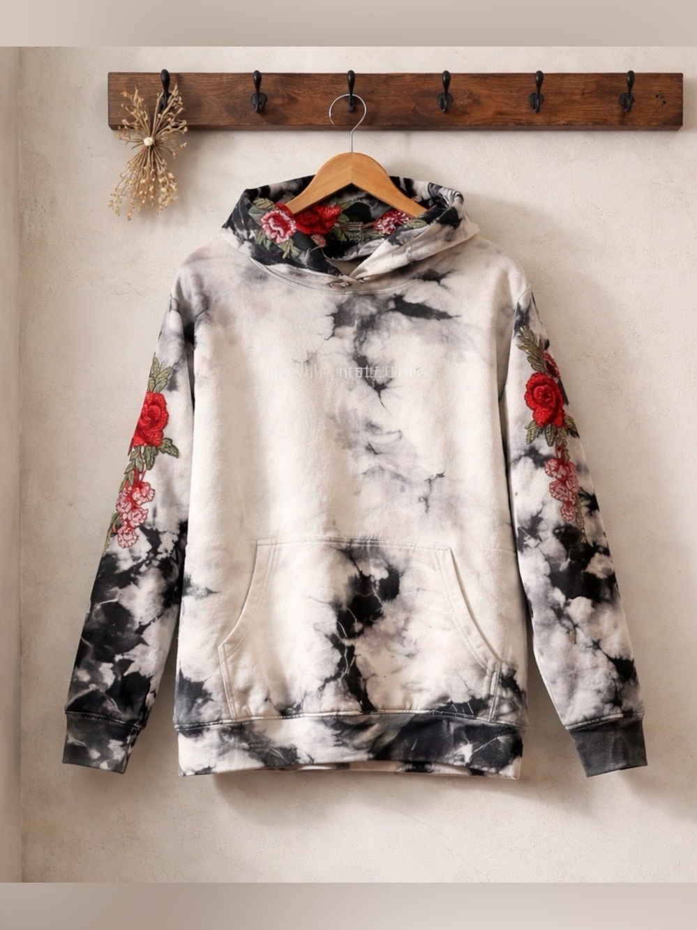 NWOT Civil Regime Tie-Dye Hoodie with Red Rose Embroidery | Size Large